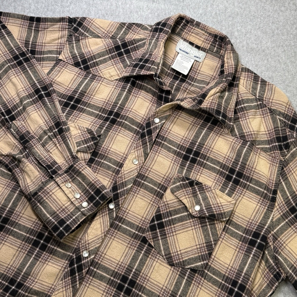 Wrangler Rancher Pearl Snap Plaid‎ Flannel Shirt Tall XL Brown Western